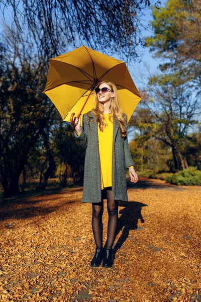 Κορίτσι, με κίτρινη ομπρέλα, στο πάρκο με κίτρινα φύλλα, φθινοπωρινή ώρα — Φωτογραφία Αρχείου