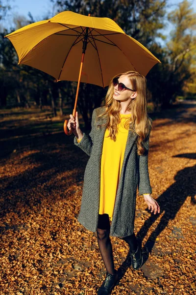 Menina, com guarda-chuva amarelo, no Parque com folhas amarelas, horário de outono — Fotografia de Stock