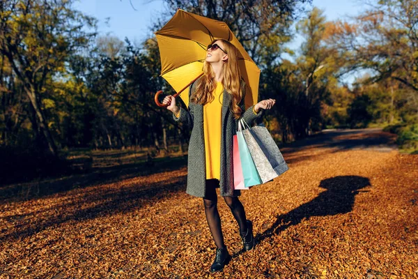 쇼핑하는 멋진 젊은 여성. 가을 스타일. — 스톡 사진