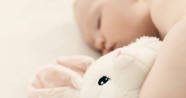 Bambino piccolo con un pannolino, che dorme dolcemente nella sua culla con un peluche — Video Stock