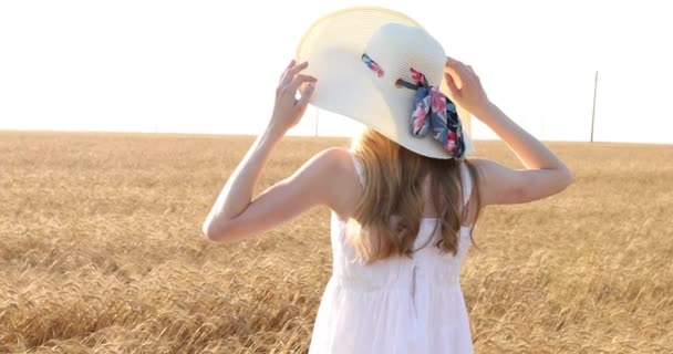 Retrovisore, una giovane bella donna in abito bianco e cappello di paglia, su un campo di grano dorato — Video Stock