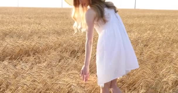 Hermosa chica en un sombrero de paja, en un vestido blanco, camina a través de un campo de trigo en los rayos del sol poniente . — Vídeos de Stock