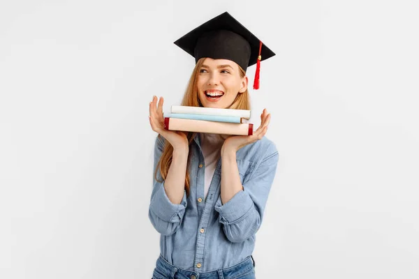 Happy Excited Beautiful Girl Graduate Graduation Cap Her Head Holding — Stock Photo, Image