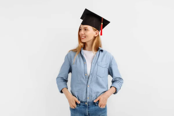 Happy Confident Girl Graduate Graduation Hat Her Head Isolated White — Stock Photo, Image