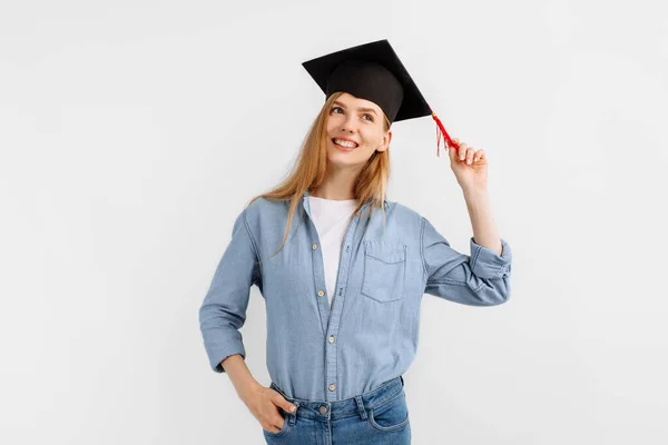 Pensive Dreamy Graduate Graduation Cap Her Head Isolated White Background — Stock Photo, Image