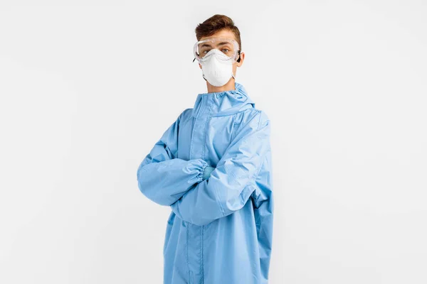 Arzt Schutzanzug Gegen Coronavirus Mit Medizinischer Maske Brille Und Handschuhen — Stockfoto