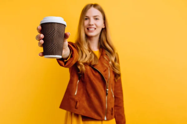 Stylish Happy Beautiful Young Woman Yellow Dress Autumn Jacket Holding — Stock Photo, Image