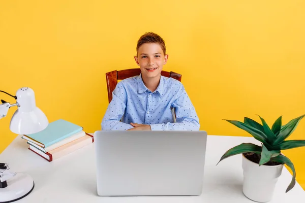 distance education for children. a student is sitting at a table, studying by video link with a teacher, on a yellow background
