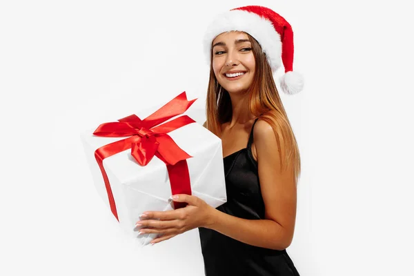 Jovem Feliz Chapéu Vermelho Papai Noel Vestido Elegante Preto Com — Fotografia de Stock