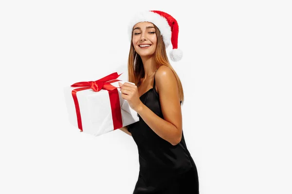 Young Woman Red Santa Claus Hat Black Elegant Dress Gift — Stock Photo, Image