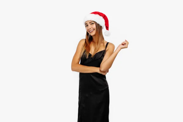 Joyeux Brune Chapeau Rouge Noël Élégante Robe Noire Sur Fond — Photo