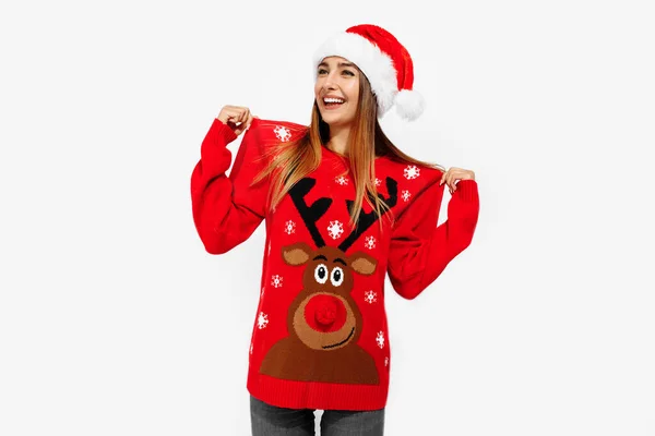 Happy Cute Young Woman Christmas Sweater Santa Claus Hat White — Stock Photo, Image