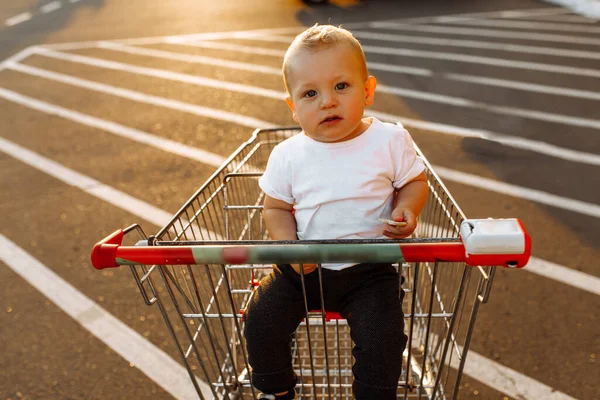 Ragazzino Felice Seduto Nel Carrello Della Spesa Shopping Familiare Shopping — Foto Stock