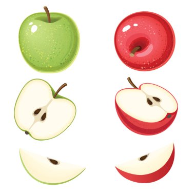 Dilimlenmiş organik yeşil ve kırmızı elmanın vektör çizimi