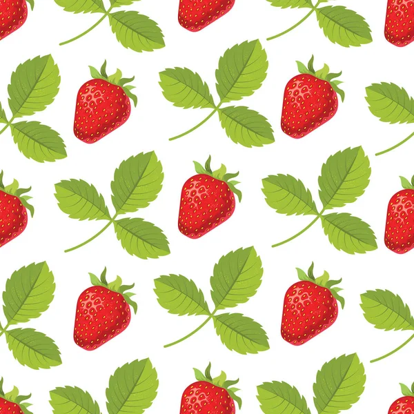 Reife Erdbeere mit Blättern. nahtloses Vektormuster — Stockvektor