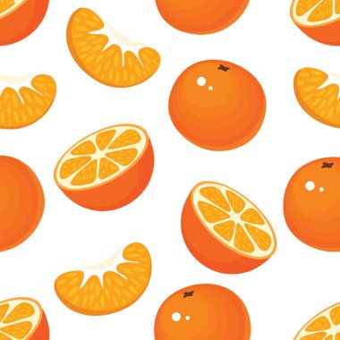 Mandalina ile Seamless modeli, yarım ve bir dilim mandalina beyaz zemin üzerinde bir mandarin.