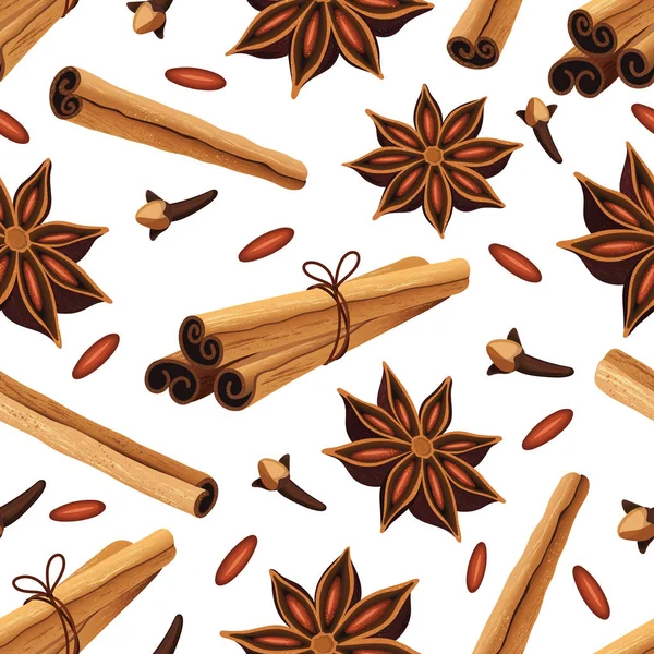 Seamless pattern with cinnamon sticks, anise stars and anise seeds — Stock Vector