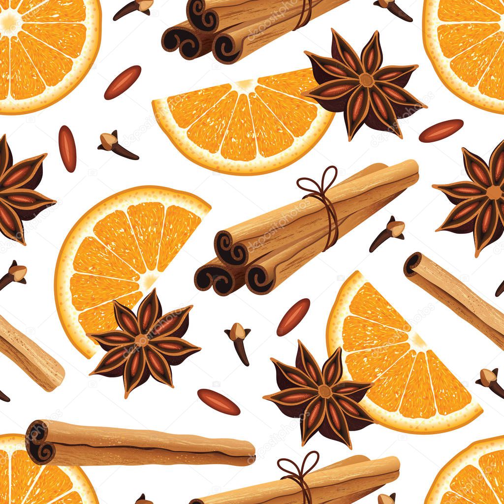 Seamless pattern with anise stars, oranges, cinnamon sticks