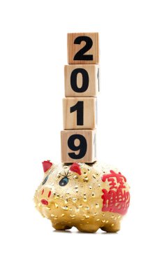 Yeni yıl 2019: kumbara ve yapı taşları beyaz arka plan üzerinde izole
