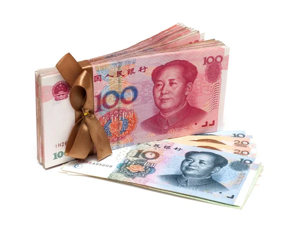 Pila Renminbi Nota Yuan Cinese Isolato Sfondo Bianco — Foto Stock