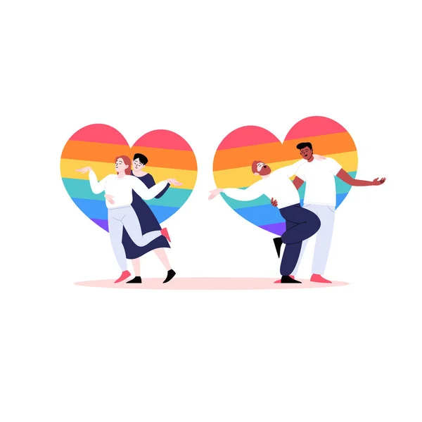 Λάσμπιαν και γκέι ζευγάρια χορεύουν. Έννοια μήνα υπερηφάνεια — Διανυσματικό Αρχείο