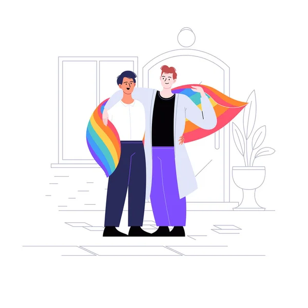 Pareja gay de pie en la calle sosteniendo una bandera de arco iris. Concepto de mes de orgullo — Archivo Imágenes Vectoriales