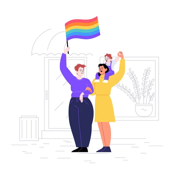 Casal lésbico e seu filho de pé na rua segurando uma bandeira do arco-íris. Conceito do mês de orgulho —  Vetores de Stock