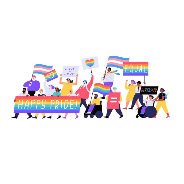 Verschiedene Menschen marschieren auf der Stolzparade mit Plakaten und Fahnen. Pride-Monatskonzept — Stockvektor