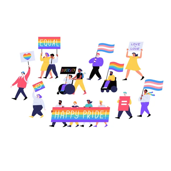 Diferentes personas marchando en el desfile del orgullo con pancartas y banderas. Concepto de mes de orgullo — Vector de stock