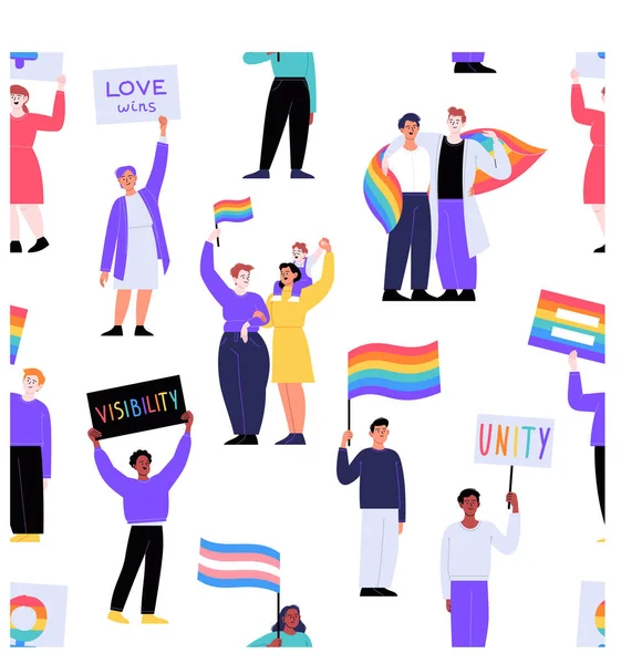 Nahtloses Muster. Verschiedene Menschen marschieren auf der Stolzparade mit Plakaten und Fahnen. Pride-Monatskonzept — Stockvektor