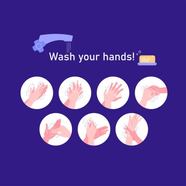 Illustrated step by step instruction how to wash your hands properly. Covid-19 hands hygene instruction. clipart