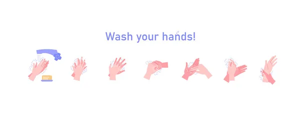 Instrucciones paso a paso ilustradas de cómo lavarse las manos correctamente. Instrucciones de Covid-19 manos hygene . — Archivo Imágenes Vectoriales