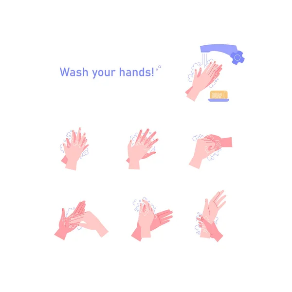 Illustrerad steg för steg instruktion hur du tvättar händerna ordentligt. Covid-19 händer hygene instruktion. — Stock vektor