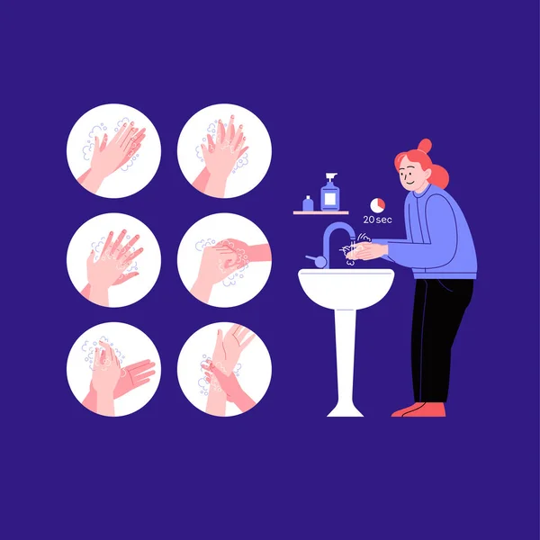 Instruções passo a passo ilustradas como lavar as mãos corretamente. Covid-19 mãos hygene instrução. Uma mulher lavando as mãos — Vetor de Stock