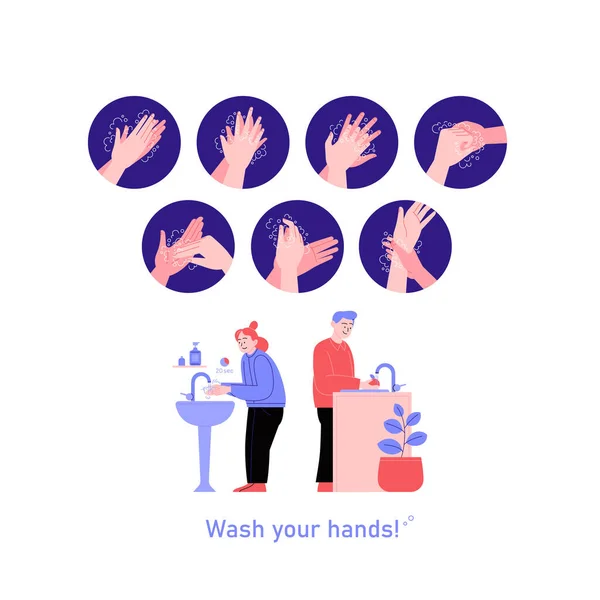 Ilustrate pas cu pas instrucțiuni cum să vă spălați mâinile în mod corespunzător. Covid-19 mâini instrucțiuni de igienă. O femeie se spală pe mâini — Vector de stoc