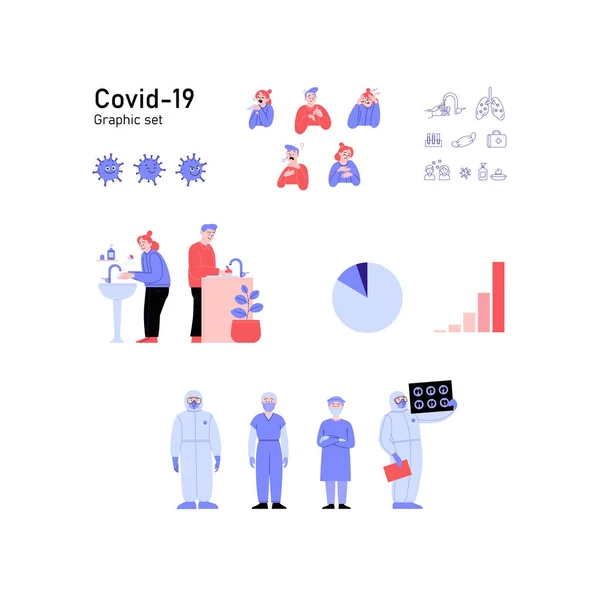 Ensemble graphique d'illustrations, d'icônes et d'éléments sur Covid-19. Symptômes, prévention, professionnels de la santé. — Image vectorielle