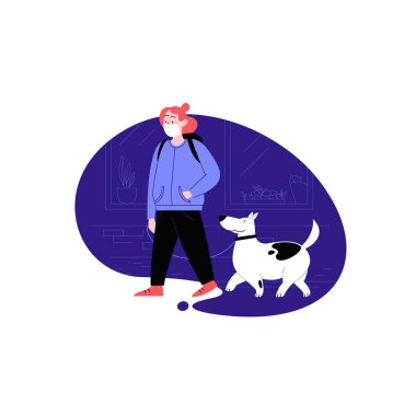 Karantina sırasında sokakta köpeğiyle uyanan yüz maskesi takan bir kadın.. 