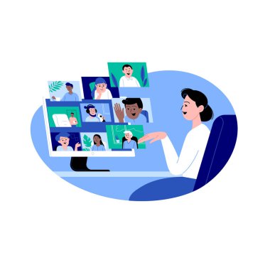 Evde kalan bir kadın, konferans videosu aracılığıyla iş arkadaşlarıyla ya da internet üzerinden buluşuyor.