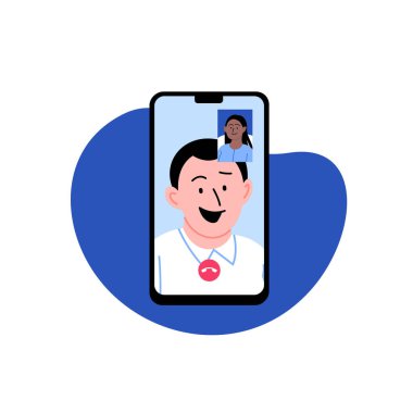 Akıllı telefon ekranında görüntülü konuşma yapan bir erkek ve kadının düz çizimi