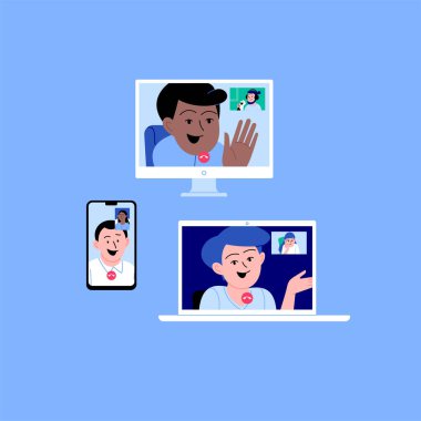 Dizüstü bilgisayar, akıllı telefon ve monitör ekranı üzerinden konuşan insanların düz çizimi