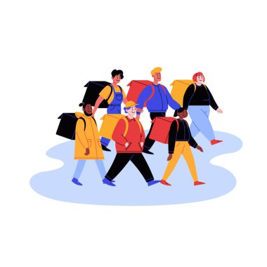 Dağınık yiyecek dağıtım elemanlarının termoçantalı kalabalığın düz çizimi.