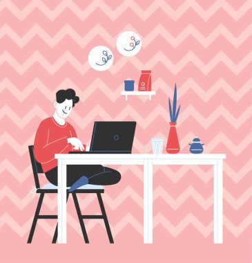 Evde kalıp mutfakta dizüstü bilgisayarla çalışan biri.