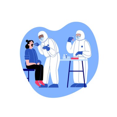 Covid-19 koruma kıyafeti giyen profesyonel doktor testleri yapan hastayı kontrol ediyor. Virüs salgını kavramı