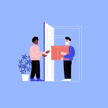 Yüz maskesi takan bir teslimatçının, alıcının evine paket teslim edişinin düz çizimi. Karantina sırasında online alışveriş. 