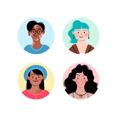 Farklı ırktan, farklı ten renginden ve farklı vücuttan farklı kadın yüzleri.