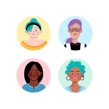 Farklı ırktan, farklı ten renginden ve farklı vücuttan farklı kadın yüzleri.