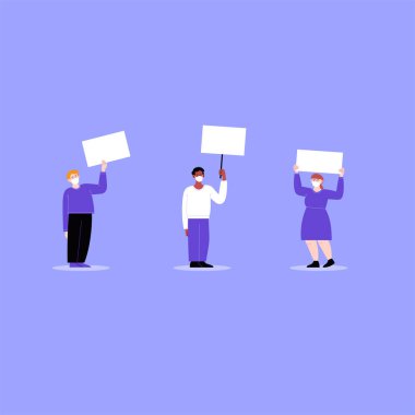 Yüz maskesi takan bir grup aktivist boş kartonları protesto ediyor. Çalışan grevdeki farklı insanlar posterleri tutuyordu. Salgın protesto konsepti. Düz vektör illüstrasyonu