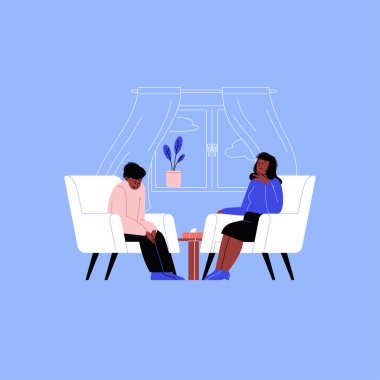 Bir kadın akıl uzmanıyla terapi seansına katılan çok üzgün bir insan. Kişisel psikoterapi seansı. Terapist ofisindeki bir psikologla görüşme.