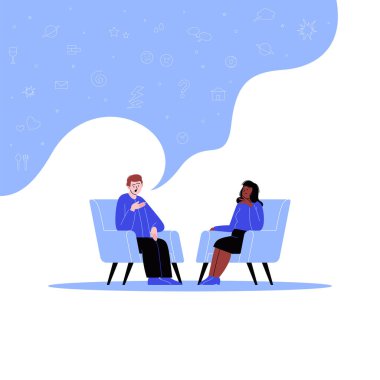 Siyahi bir kadın akıl uzmanıyla terapi seansına katılan bir adam. Kişisel psikoterapi seansı. Bir psikologla sohbet. Konuşma balonunda simgeler