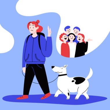 Kalabalık bir yerden kaçmaya çalışan köpeğiyle yürüyen bir kadının düz çizimi. Covid-19 önleme. 
